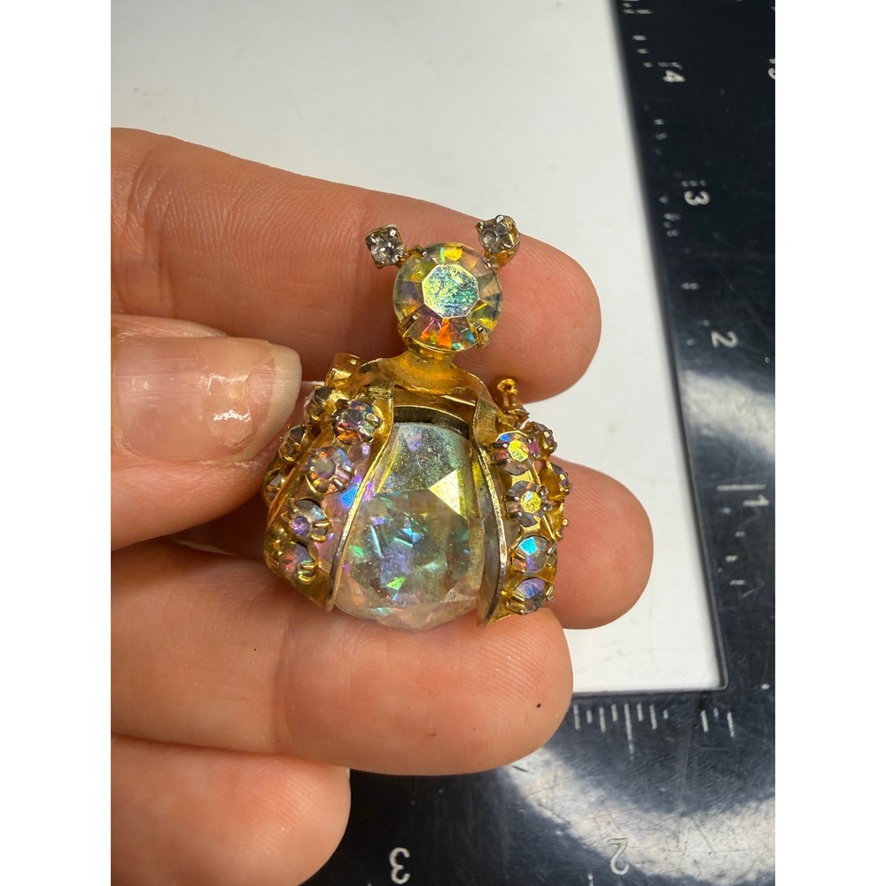 Weiss Aurora Borealis Ladybug Brooch Gold Tone Rhinestone Insect Pin Signed
